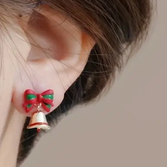 Christmas Festive Red and Green Bow 925 Sterling Silver Earrings with Gold Bells - Picture 5 of 6